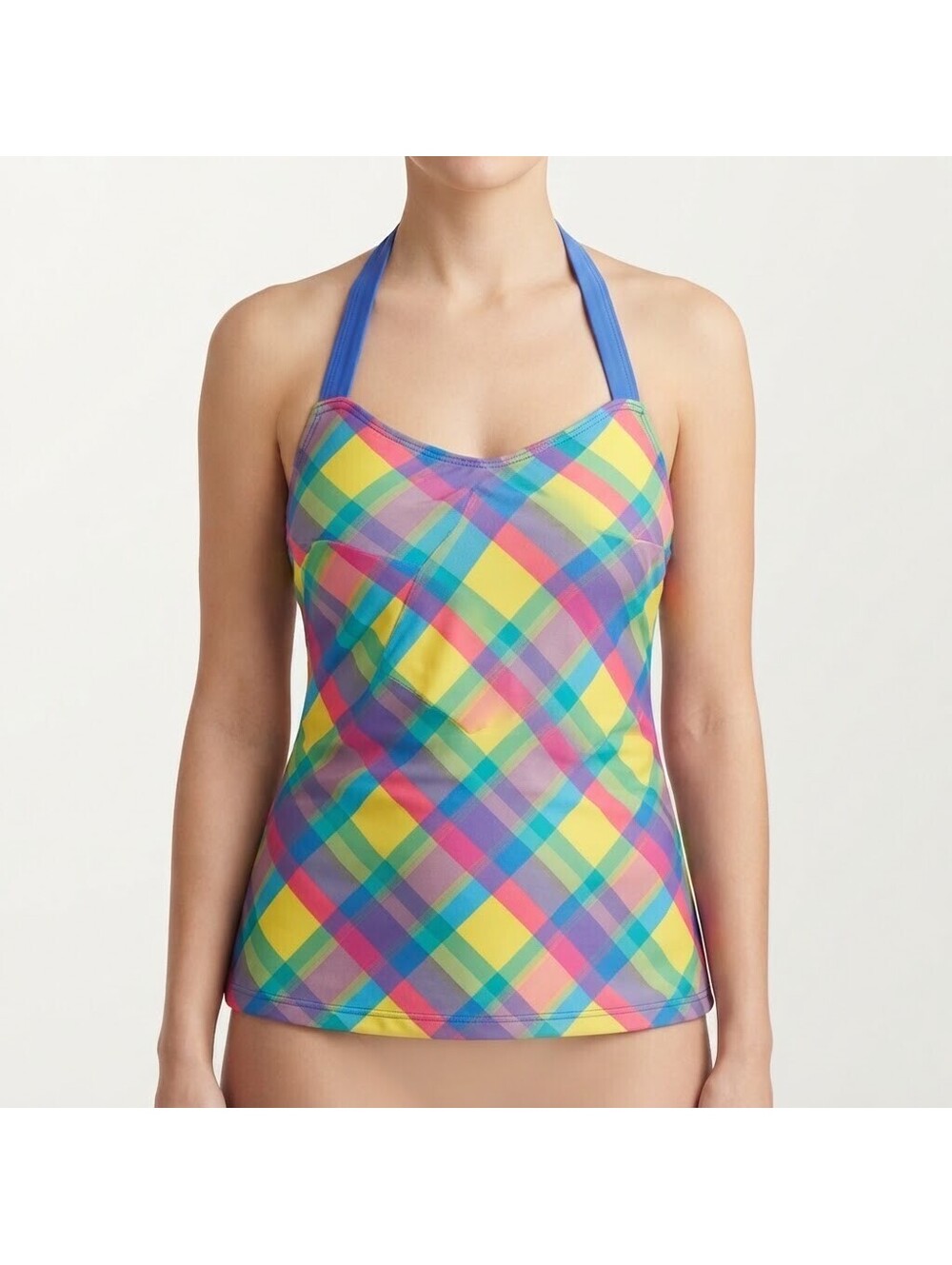 Joe Boxer Tankini Swim Top Womens 1X Plaid Halter Swimwear